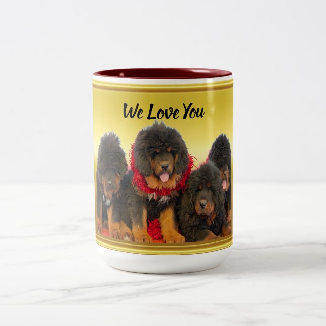 Tibetan Mastiff Brown Puppies We love You Two-Tone Coffee Mug (Center)