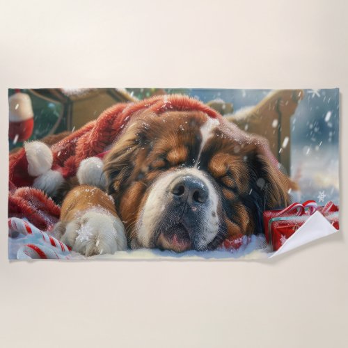 Tibetan Mastiff Dog Christmas Festive  Beach Towel