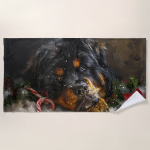 Tibetan Mastiff Dog Christmas Festive Beach Towel