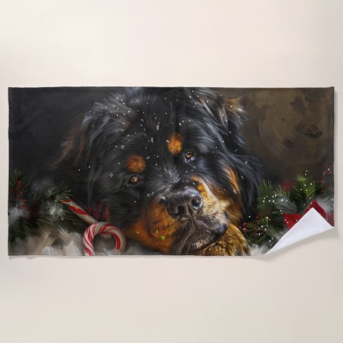 Tibetan Mastiff Dog Christmas Festive  Beach Towel