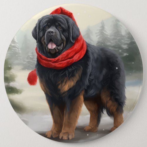 Tibetan Mastiff Dog in Snow Christmas  Button