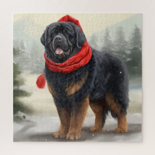 Tibetan Mastiff Dog in Snow Christmas  Jigsaw Puzzle