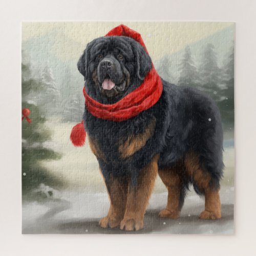 Tibetan Mastiff Dog in Snow Christmas  Jigsaw Puzzle