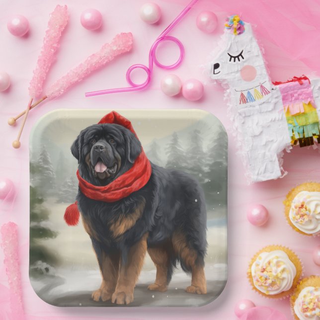 Tibetan Mastiff Dog in Snow Christmas  Paper Plates (Party)
