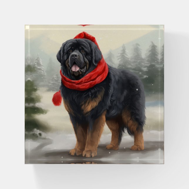 Tibetan Mastiff Dog in Snow Christmas  Paperweight (Front)