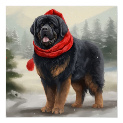 Tibetan Mastiff Dog in Snow Christmas  Poster