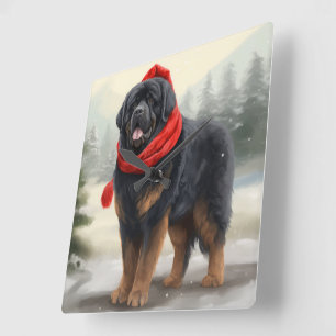 Tibetan Mastiff Dog in Snow Christmas Square Wall Clock