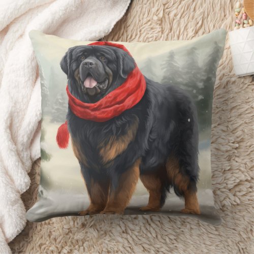 Tibetan Mastiff Dog in Snow Christmas  Throw Pillow