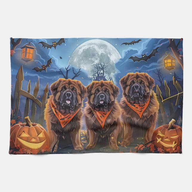 Tibetan Mastiff Halloween Spooky Kitchen Towel (Horizontal)