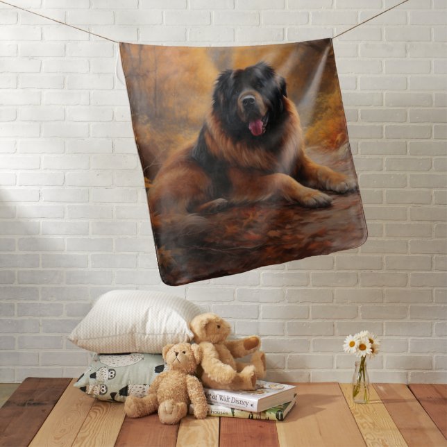 Tibetan Mastiff in Autumn Leaves Fall Inspire Baby Blanket (In Situ)