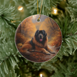 Tibetan Mastiff in Autumn Leaves Fall Inspire Ceramic Ornament