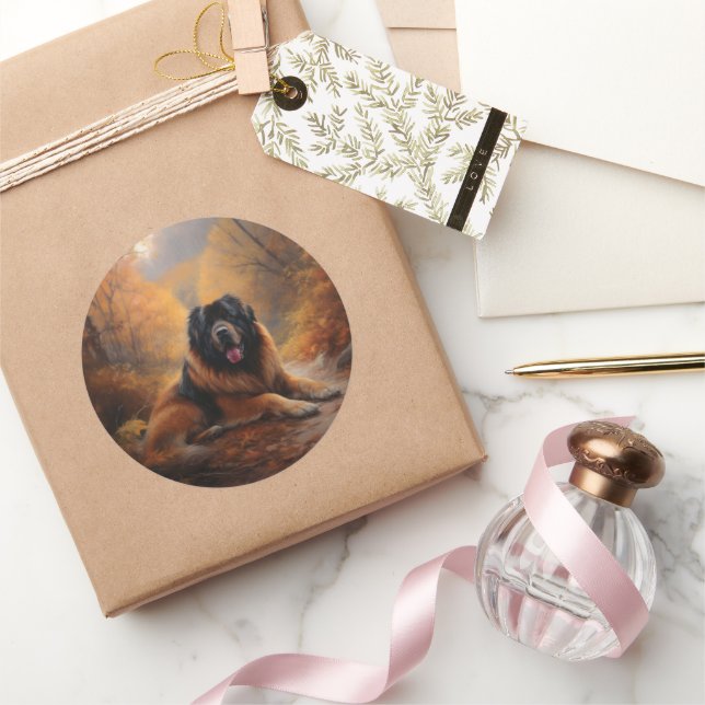 Tibetan Mastiff in Autumn Leaves Fall Inspire Classic Round Sticker (Gifting)