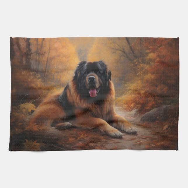 Tibetan Mastiff in Autumn Leaves Fall Inspire Kitchen Towel (Horizontal)