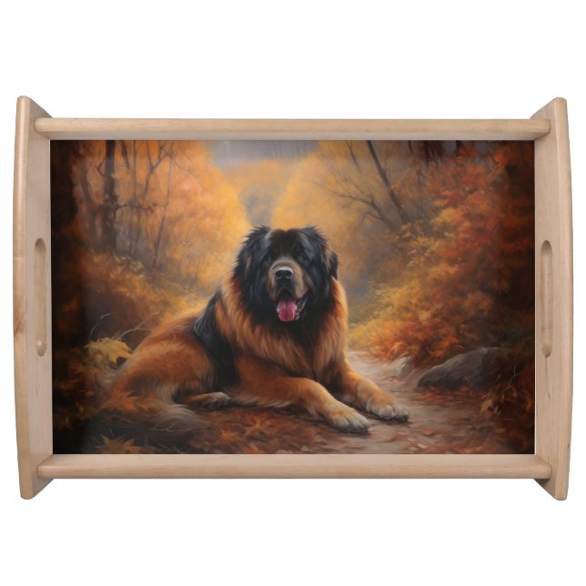 Tibetan Mastiff in Autumn Leaves Fall Inspire Serving Tray (Front)