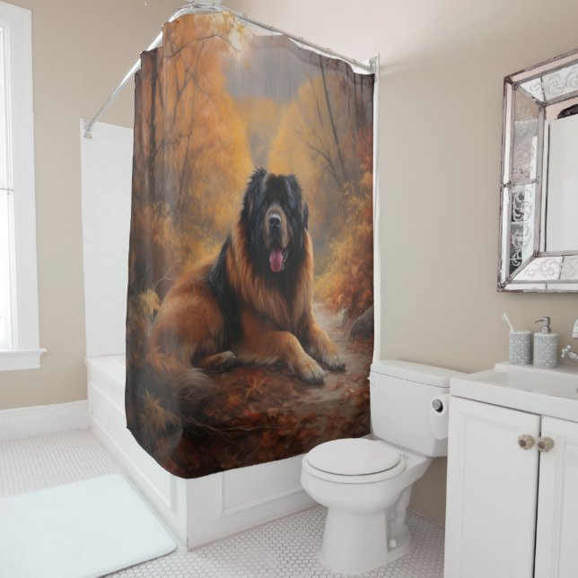 Tibetan Mastiff in Autumn Leaves Fall Inspire Shower Curtain (In Situ)