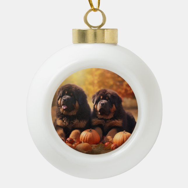 Tibetan Mastiff Puppy Autumn Delight Pumpkin  Ceramic Ball Christmas Ornament (Front)