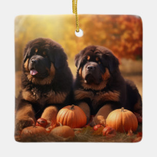 Tibetan Mastiff Puppy Autumn Delight Pumpkin Ceramic Ornament