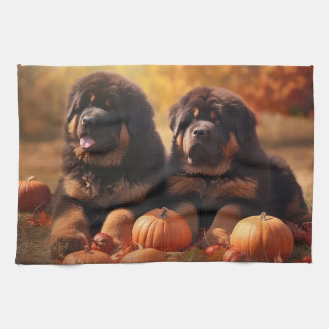Tibetan Mastiff Puppy Autumn Delight Pumpkin  Kitchen Towel (Horizontal)