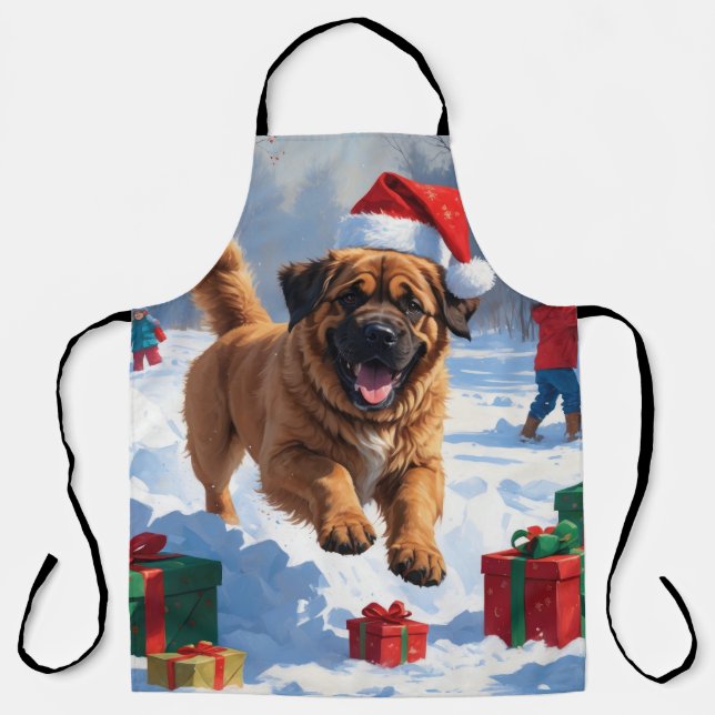 Tibetan Mastiff Running in Snow with Christmas Hat Apron (Front)