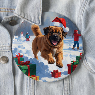 Tibetan Mastiff Running in Snow with Christmas Hat Button