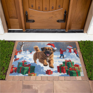 Tibetan Mastiff Running in Snow with Christmas Hat Doormat