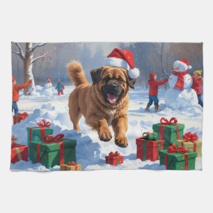 Tibetan Mastiff Running in Snow with Christmas Hat Kitchen Towel