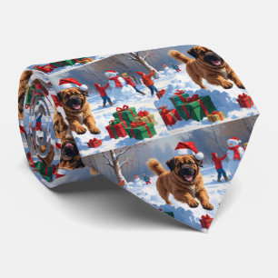 Tibetan Mastiff Running in Snow with Christmas Hat Neck Tie