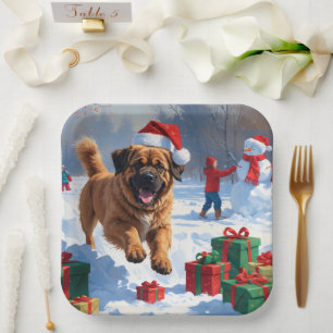 Tibetan Mastiff Running in Snow with Christmas Hat Paper Plates
