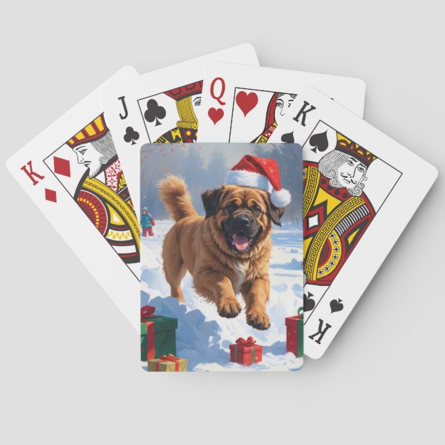 Tibetan Mastiff Running in Snow with Christmas Hat Poker Cards (Back)