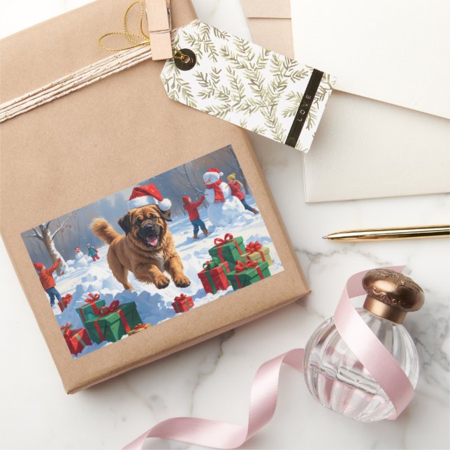 Tibetan Mastiff Running in Snow with Christmas Hat Rectangular Sticker (Gifting)