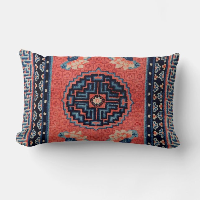 Tibetan Red Blue Tan Throw Pillow (Front)