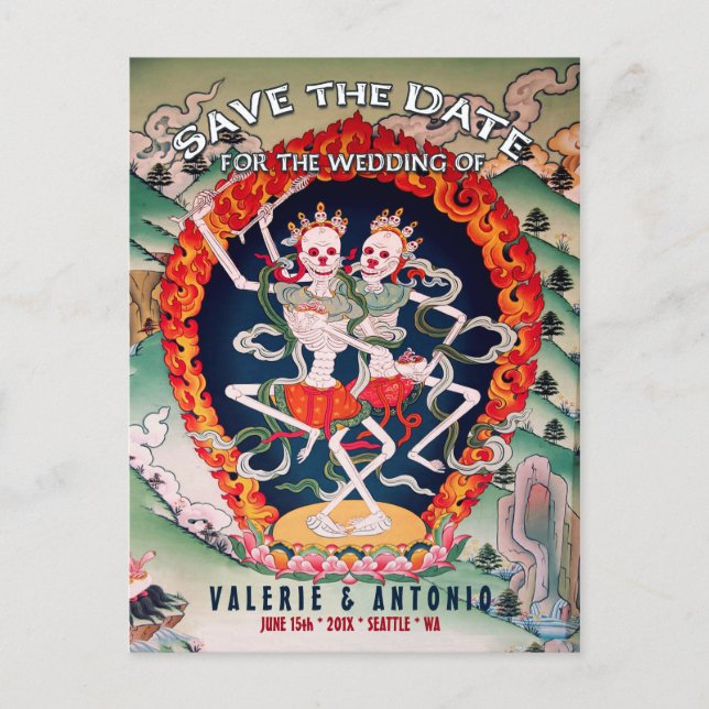 Tibetan Skeletons Dancing Save the Date Postcard (Front)