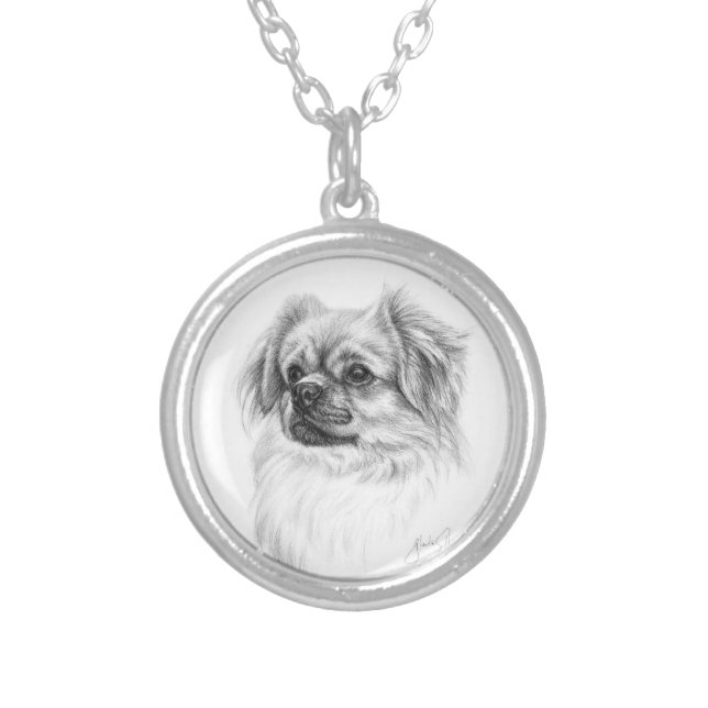 Tibetan Spaniel Dog Graphite Drawing Necklace (Front)