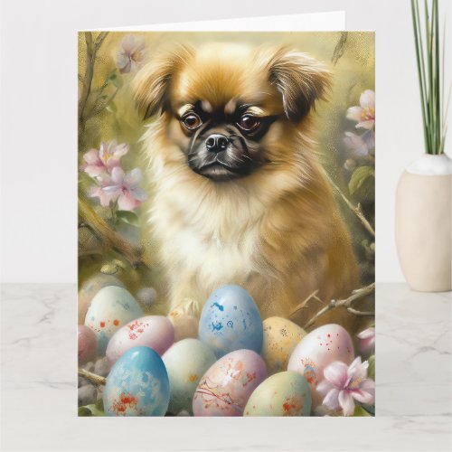 Tibetan Spaniel Dog with Easter Eggs Holiday Card
