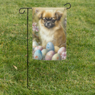 Tibetan Spaniel Dog with Easter Eggs Holiday Garden Flag