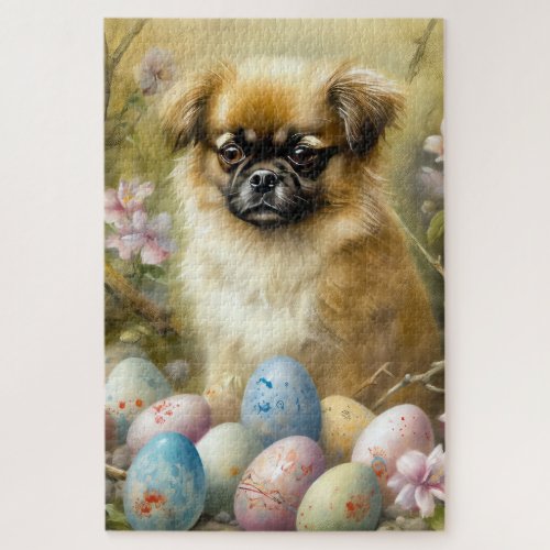 Tibetan Spaniel Dog with Easter Eggs Holiday Jigsaw Puzzle