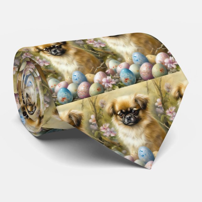 Tibetan Spaniel Dog with Easter Eggs Holiday Neck Tie (Rolled)