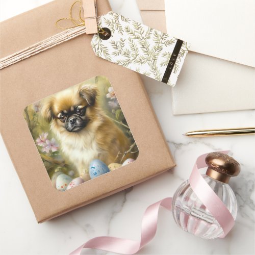 Tibetan Spaniel Dog with Easter Eggs Holiday Square Sticker