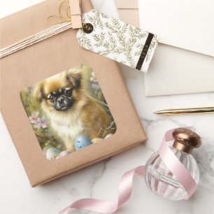 Tibetan Spaniel Dog with Easter Eggs Holiday Square Sticker