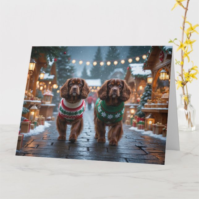 Tibetan Spaniel Dogs Christmas Snow Holiday Card (Yellow Flower)
