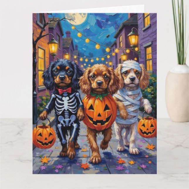 Tibetan Spaniel Dogs In Halloween Costumes Card (Front)