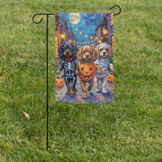 Tibetan Spaniel Dogs In Halloween Costumes Garden Flag (In SItu)