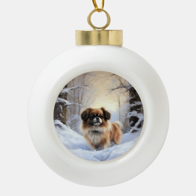 Tibetan Spaniel Let It Snow Christmas  Ceramic Ball Christmas Ornament (Front)