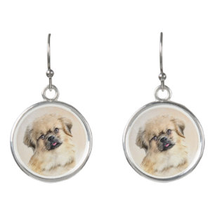 Tibetan Spaniel Painting - Cute Original Dog Art Earrings