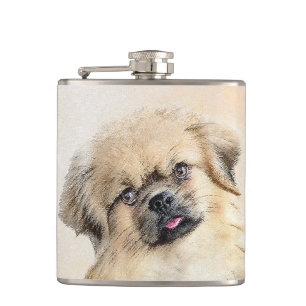 Tibetan Spaniel Painting - Cute Original Dog Art Flask
