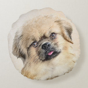 Tibetan Spaniel Painting - Cute Original Dog Art Round Pillow