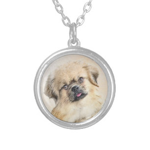 Tibetan Spaniel Painting - Cute Original Dog Art Silver Plated Necklace