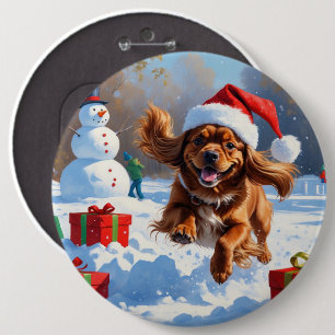 Tibetan Spaniel Running in Snow with Christmas Hat Button