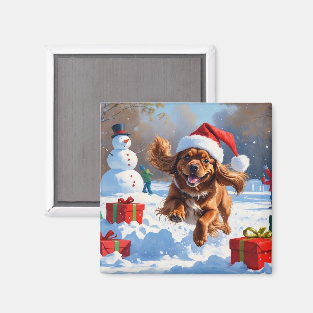Tibetan Spaniel Running in Snow with Christmas Hat Magnet (Front/Back)