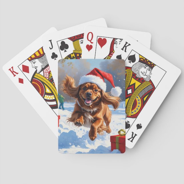 Tibetan Spaniel Running in Snow with Christmas Hat Poker Cards (Back)